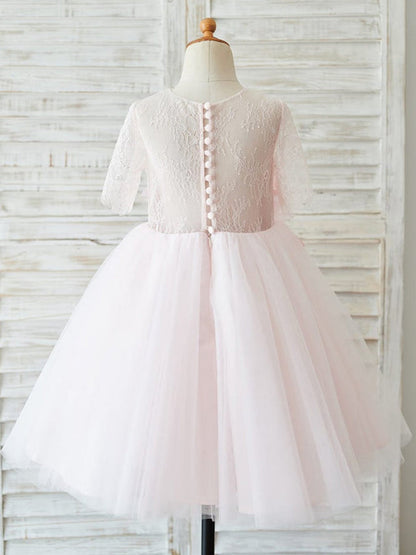 A-line 1/2 Sleeves Lace Tulle Knee-length 3D Flower Girl  Dresses