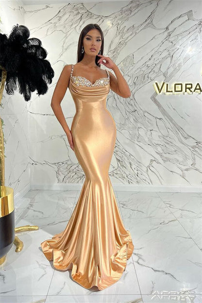 Long Mermaid Spaghetti Straps Sweetheart Satin Evening Prom Dress