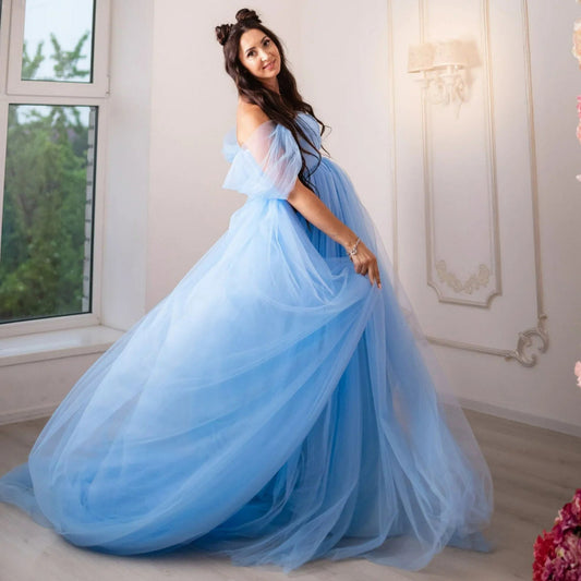 6101#Chic Sky Blue Tulle Maternity Dress with Train - Ideal for Baby Shower Photoshoots