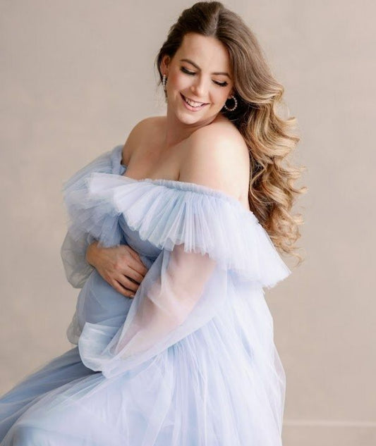 6106#Tulle Baby Shower Light Blue Dress For Mommy