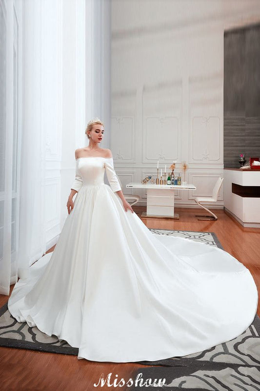 3/4 Sleeves Off-the-Shoulder Ball Gown White Aline Wedding Dress