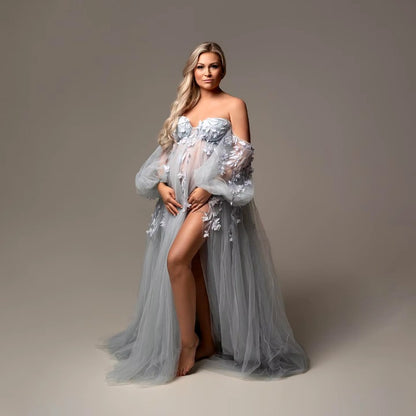 6110#Elegant Appliqued Tulle Maternity Dress Puff Sleeves Side Slit Sweetheart Maternity Dresses Photoshoot Baby Shower Dress Custom