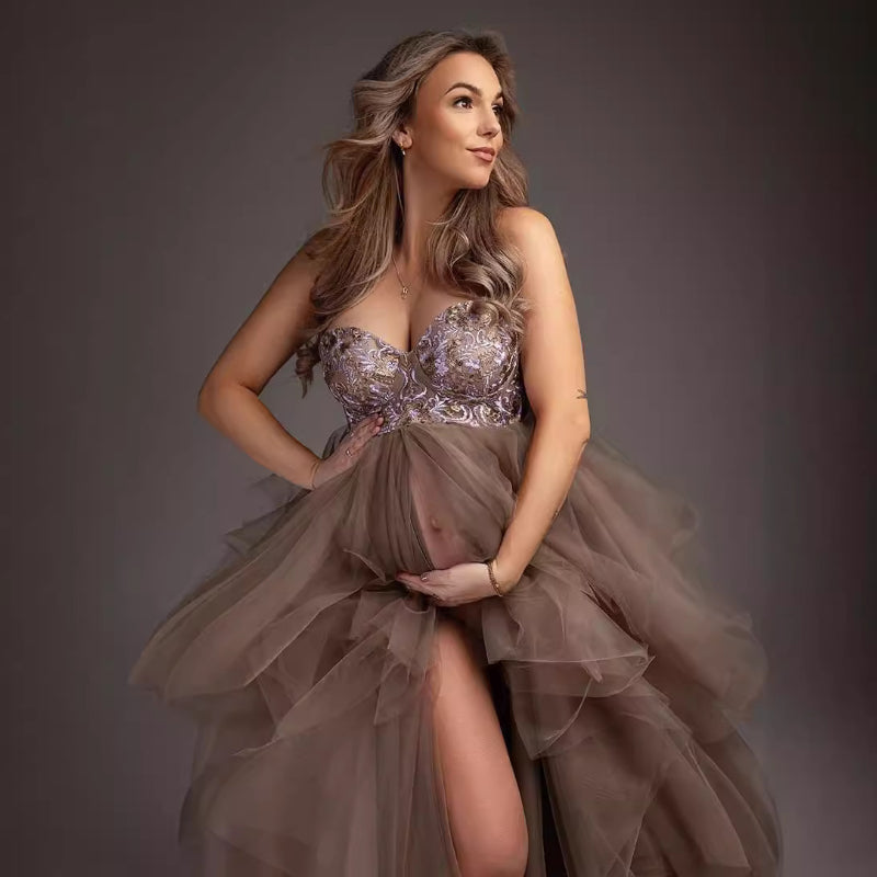 6133#Big belly photography pregnancy dress fluffy tulle off-the-shoulder front open maternity dress