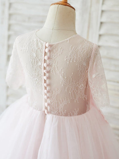 A-line 1/2 Sleeves Lace Tulle Knee-length 3D Flower Girl  Dresses