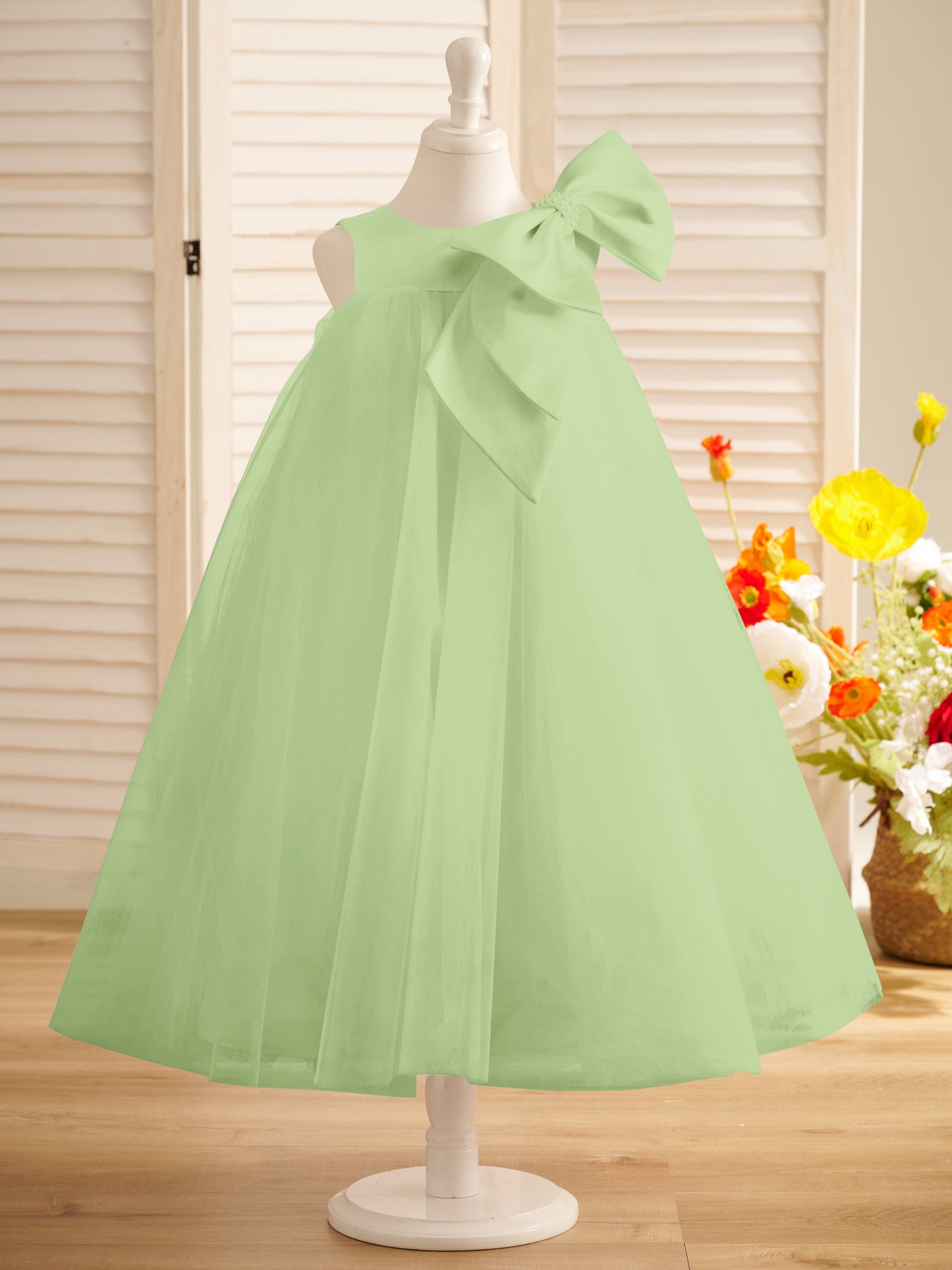 A-line Big Bow Tulle Tea-length Toddler Flower Girl Dress