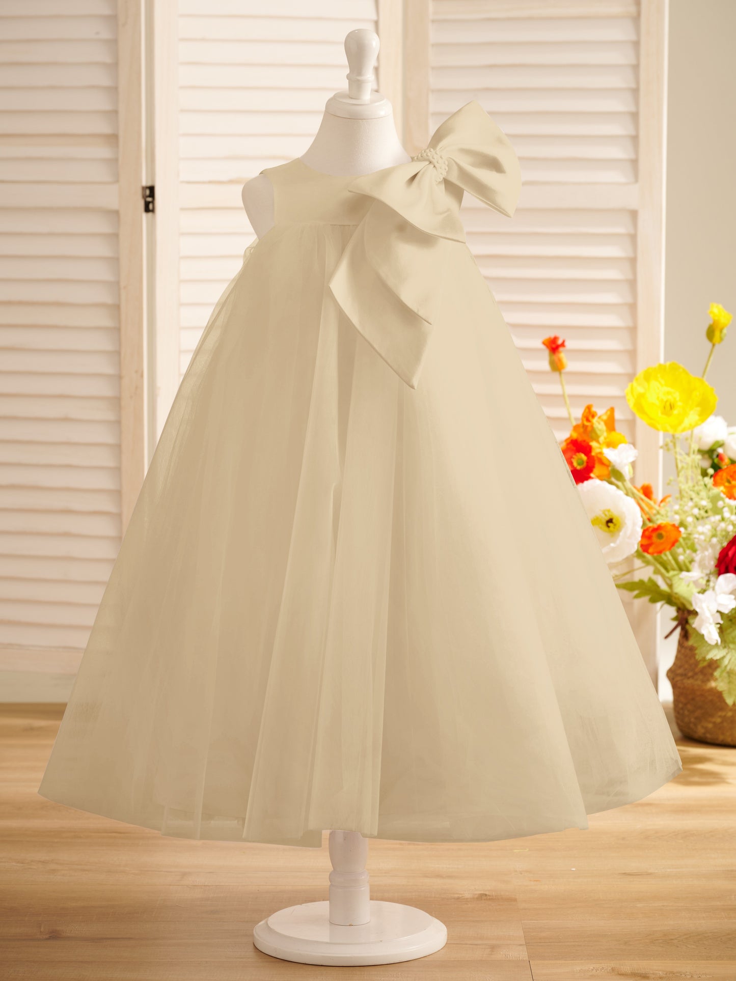 A-line Big Bow Tulle Tea-length Toddler Flower Girl Dress