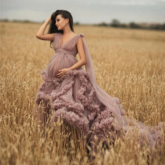 6114#Dusty Pink Maternity Dress Robes for Photo Shoot or baby shower Ruffle Tulle Chic Women Dresses Nightgown Photography Robe