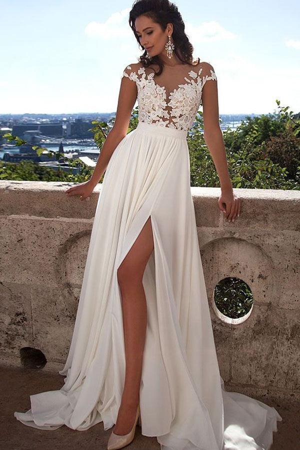 Top lace Appliques Side Slit Chiffon Party Evening Prom Dresses PG413