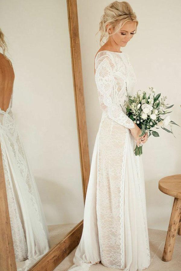 A-Line Bateau Long Sleeves Backless Chiffon Wedding Dress with Lace  WD365