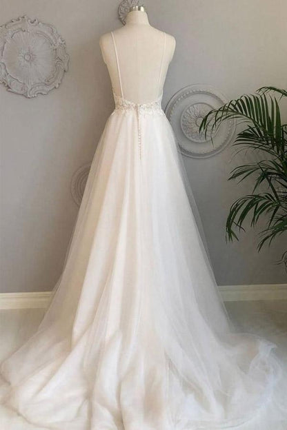 A Line Spaghetti Straps Beach Wedding Dresses Lace Wedding Gowns WD453