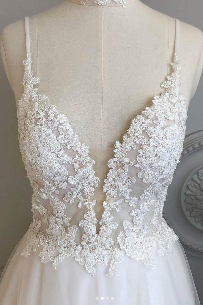 A Line Spaghetti Straps Beach Wedding Dresses Lace Wedding Gowns WD453