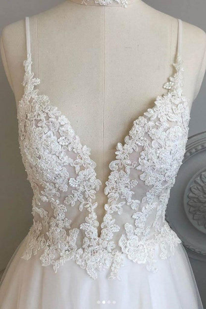 A Line Spaghetti Straps Beach Wedding Dresses Lace Wedding Gowns WD453