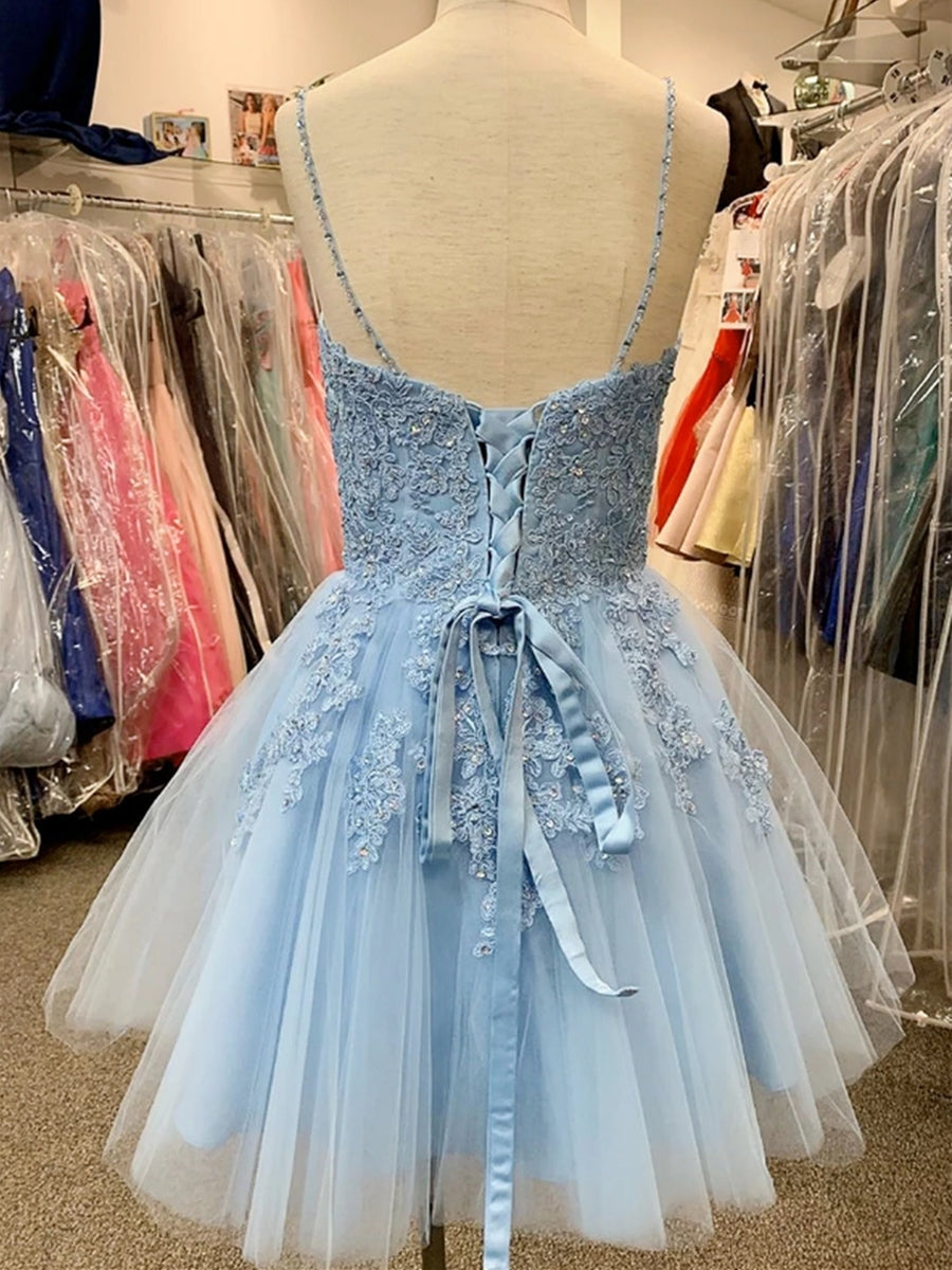 A Line V Neck Tulle Lace Appliques Short Prom Homecoming Dresses