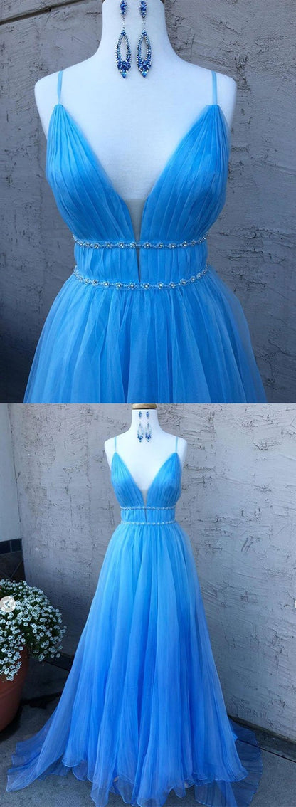 A Line V Neck Tulle Long Prom Dresses with Thin Belt Blue Formal Evening Gowns