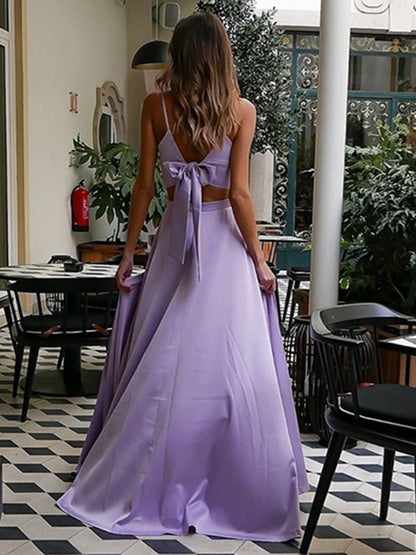 A Line V Neck Two Pieces Long Formal Evening Prom Dresses with High Slit