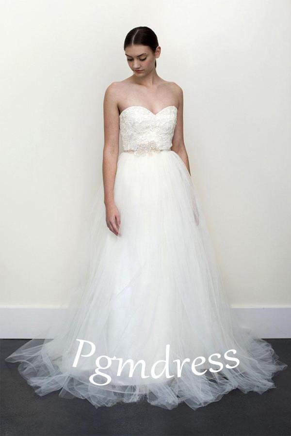 A-line White Lace  Grey Tulle Strapless Sweetheart Neck Wedding Dress WD071