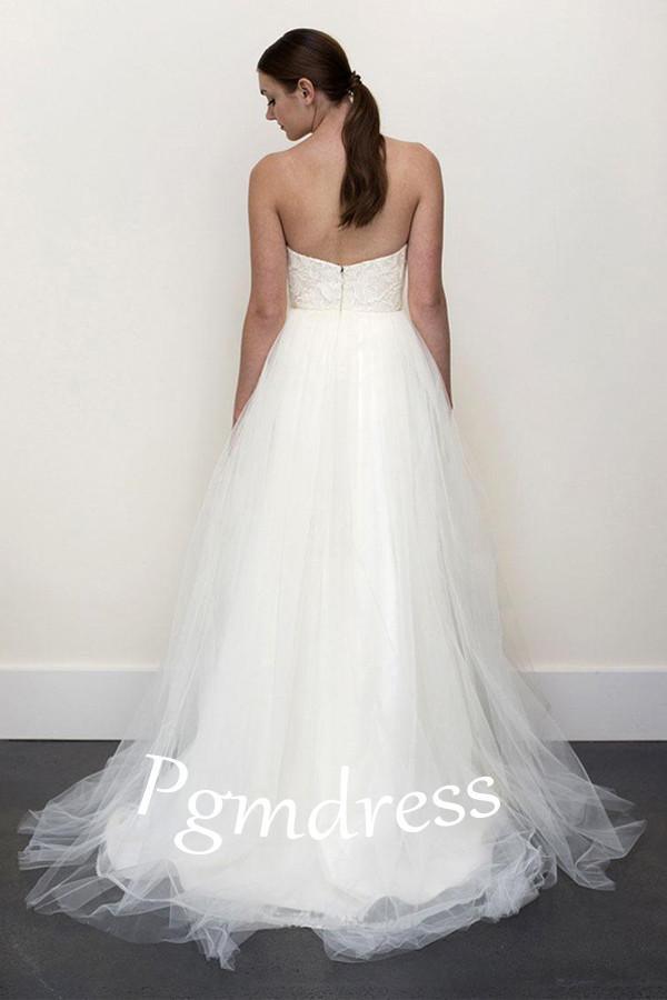 A-line White Lace  Grey Tulle Strapless Sweetheart Neck Wedding Dress WD071