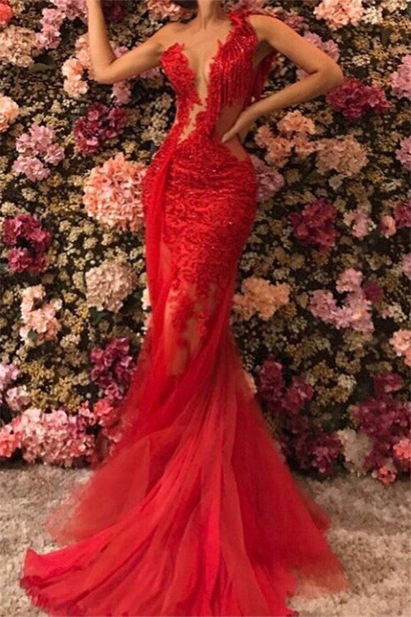 Affordable Red Long Mermaid One Shoulder Tulle Lace Prom Dress