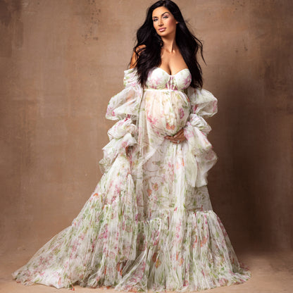 6111#Fairy Blossom Chiffion Maternity Dresses Photoshoot Puff Sleeves Print Floral Maternity Photography Dress Pregnancy Women Gowns