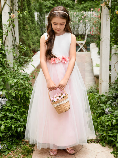 A-line 3D Flower Satin Tulle Ankle-length  Flower Girl Dress