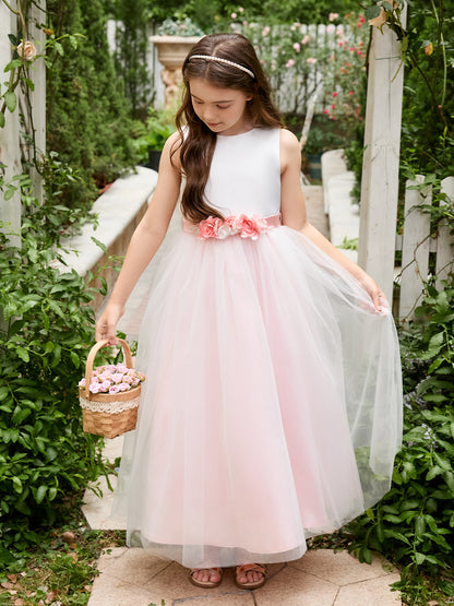 A-line 3D Flower Satin Tulle Ankle-length  Flower Girl Dress