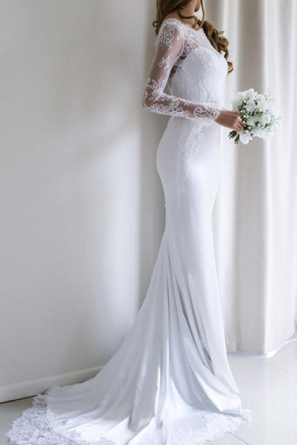 Elegant Lace Long Sleeves Mermaid White Long Wedding Dress with Train WD110