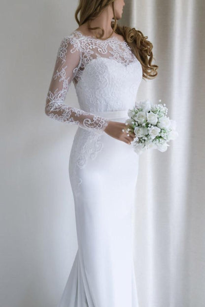 Elegant Lace Long Sleeves Mermaid White Long Wedding Dress with Train WD110