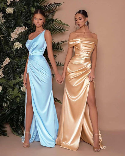 Elegant Long One Shoulder Satin Mermaid Prom Dress with Slit