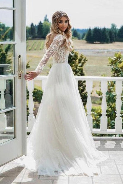 Long Sleeve Ivory Tulle See Through Backless Wedding Dresses   WD302