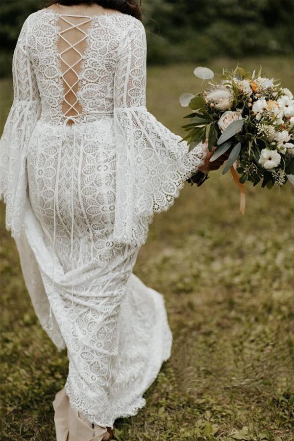 Long Sleeve Lace Wedding Dresses Lace Up Back Beach Wedding Dress  WD547