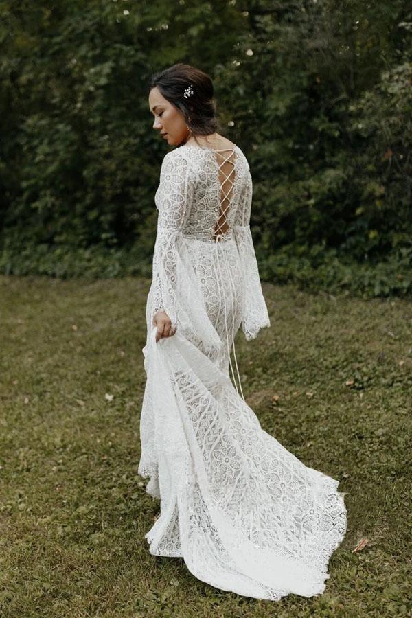 Long Sleeve Lace Wedding Dresses Lace Up Back Beach Wedding Dress  WD547