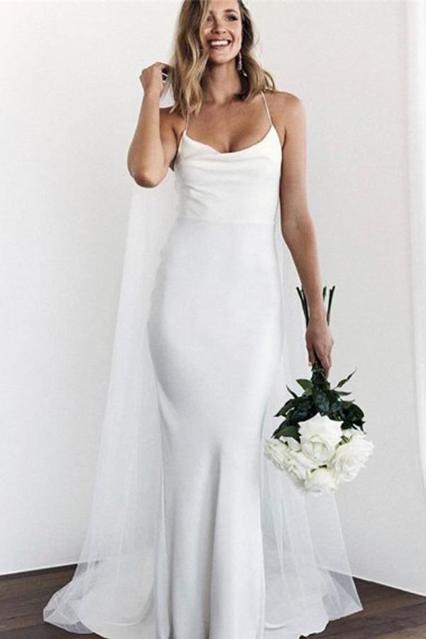 Mermaid Spaghetti Straps Backless Court Train White Wedding Dress  WD450