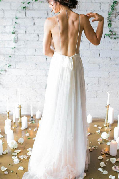 Simple Deep V-neck Sweep Train Ivory Wedding Dresses With Straps WD010