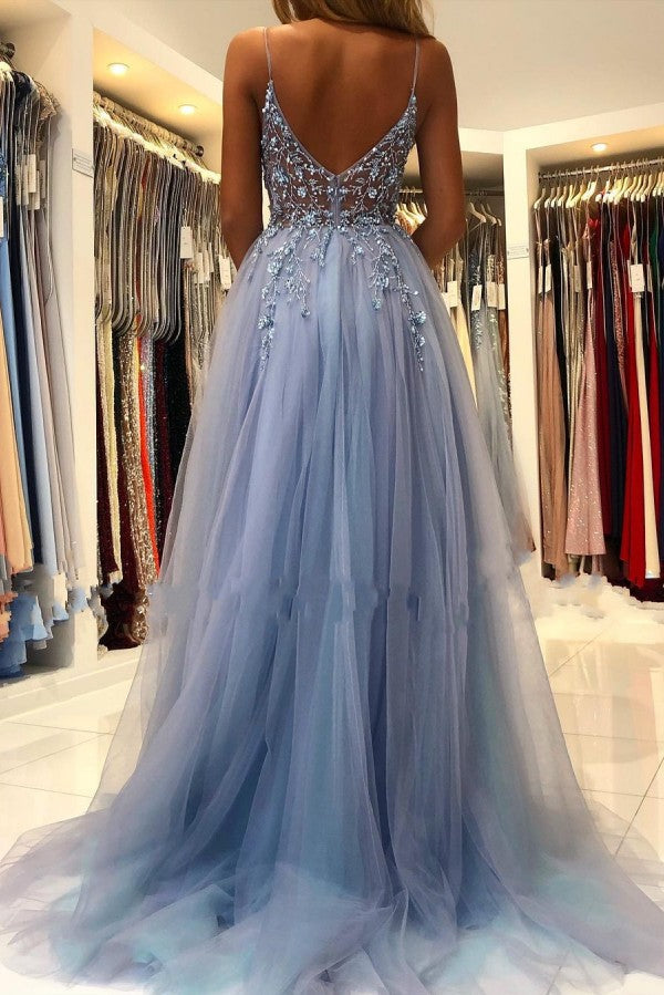 Unique Long A-line V-neck Tulle Open Back Prom Dress with Slit