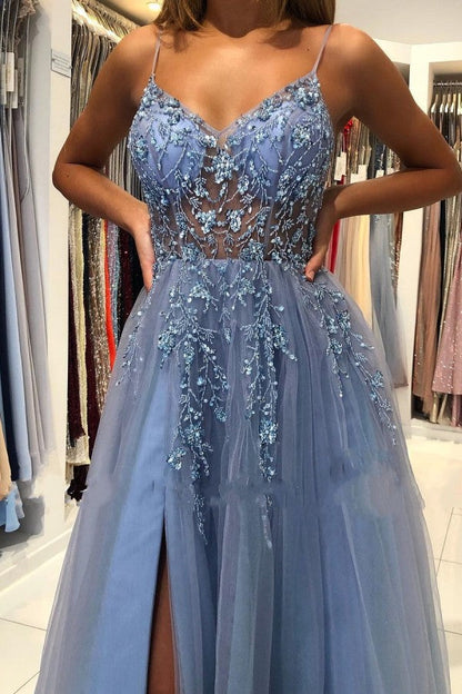 Unique Long A-line V-neck Tulle Open Back Prom Dress with Slit