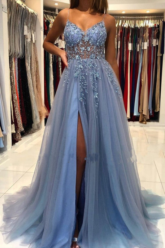 Unique Long A-line V-neck Tulle Open Back Prom Dress with Slit