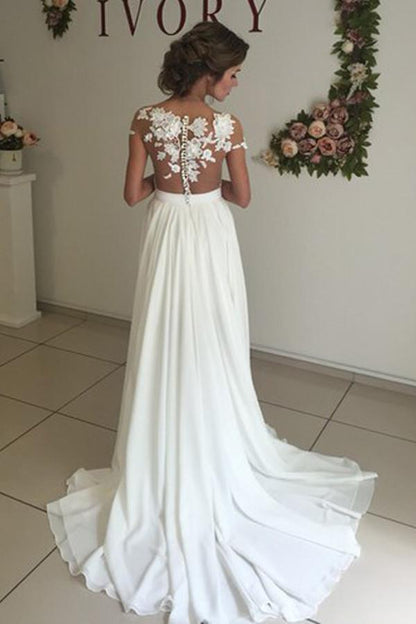 V-neck Cap Sleeves Sweep Train Ivory Wedding Dress with Appliques WD002